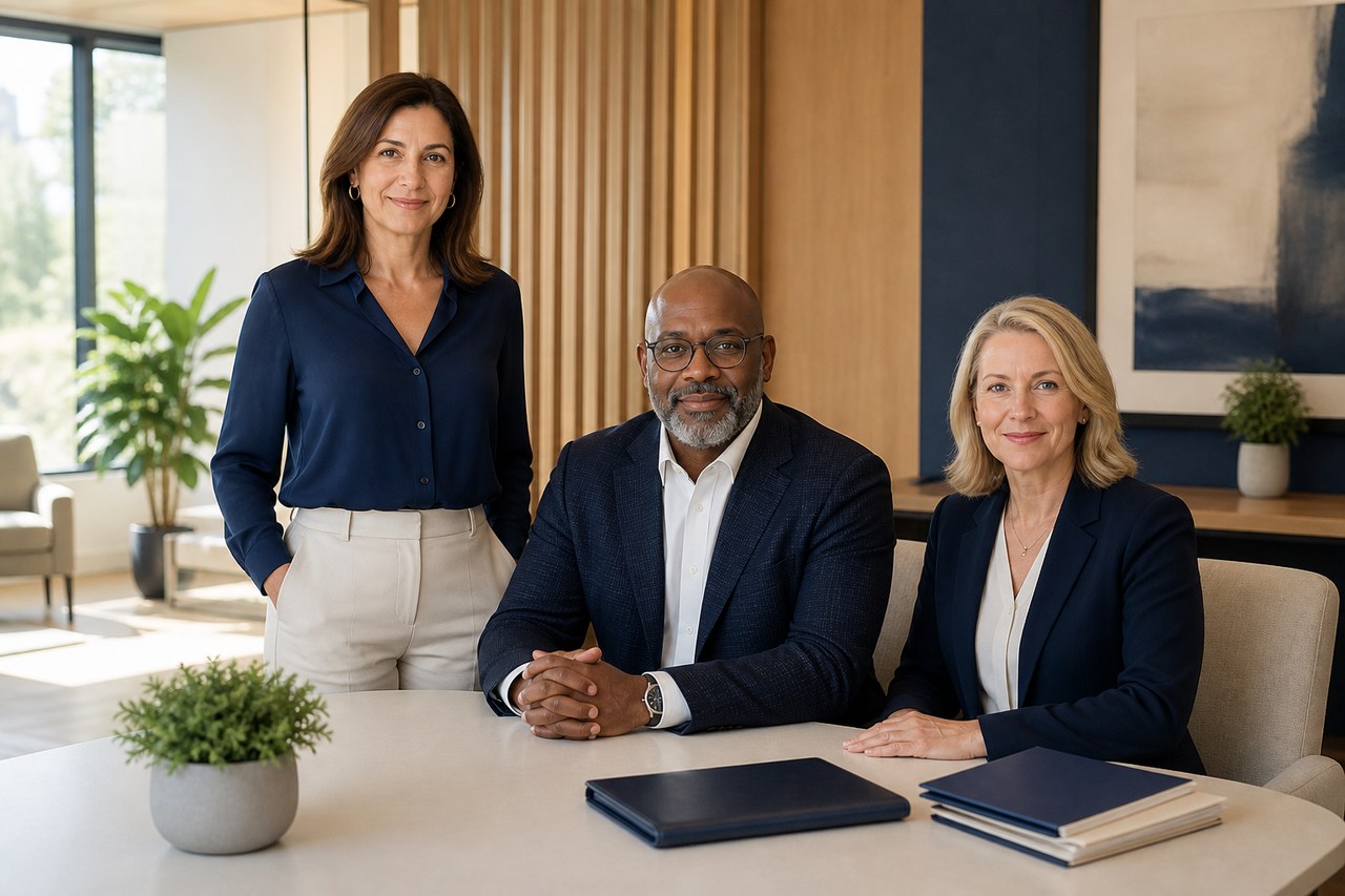 A diverse team of three Angel Advantage service professionals in a warm, organized office