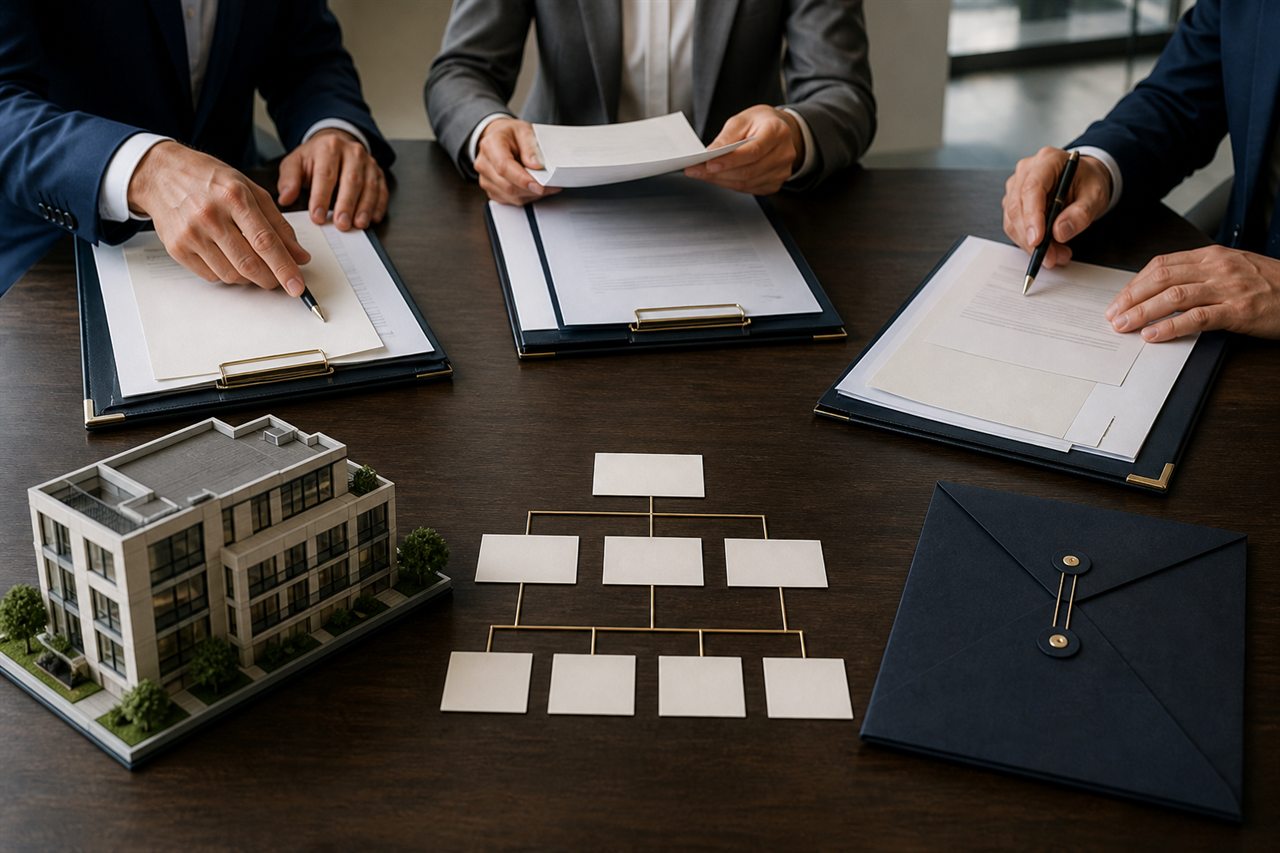 Professionals organizing company documents beside a commercial building model and blank organizational chart