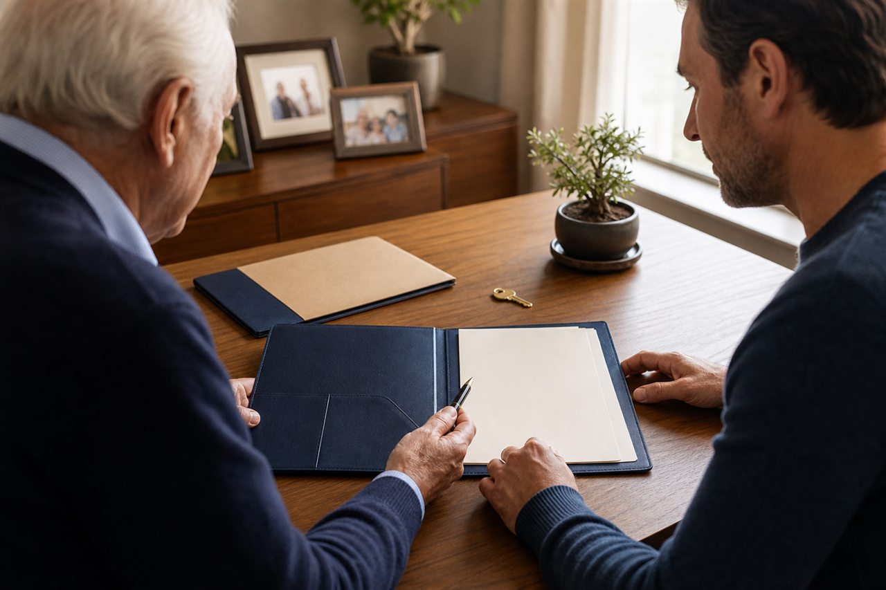 An older adult and a middle-aged adult reviewing an organized planning folder together